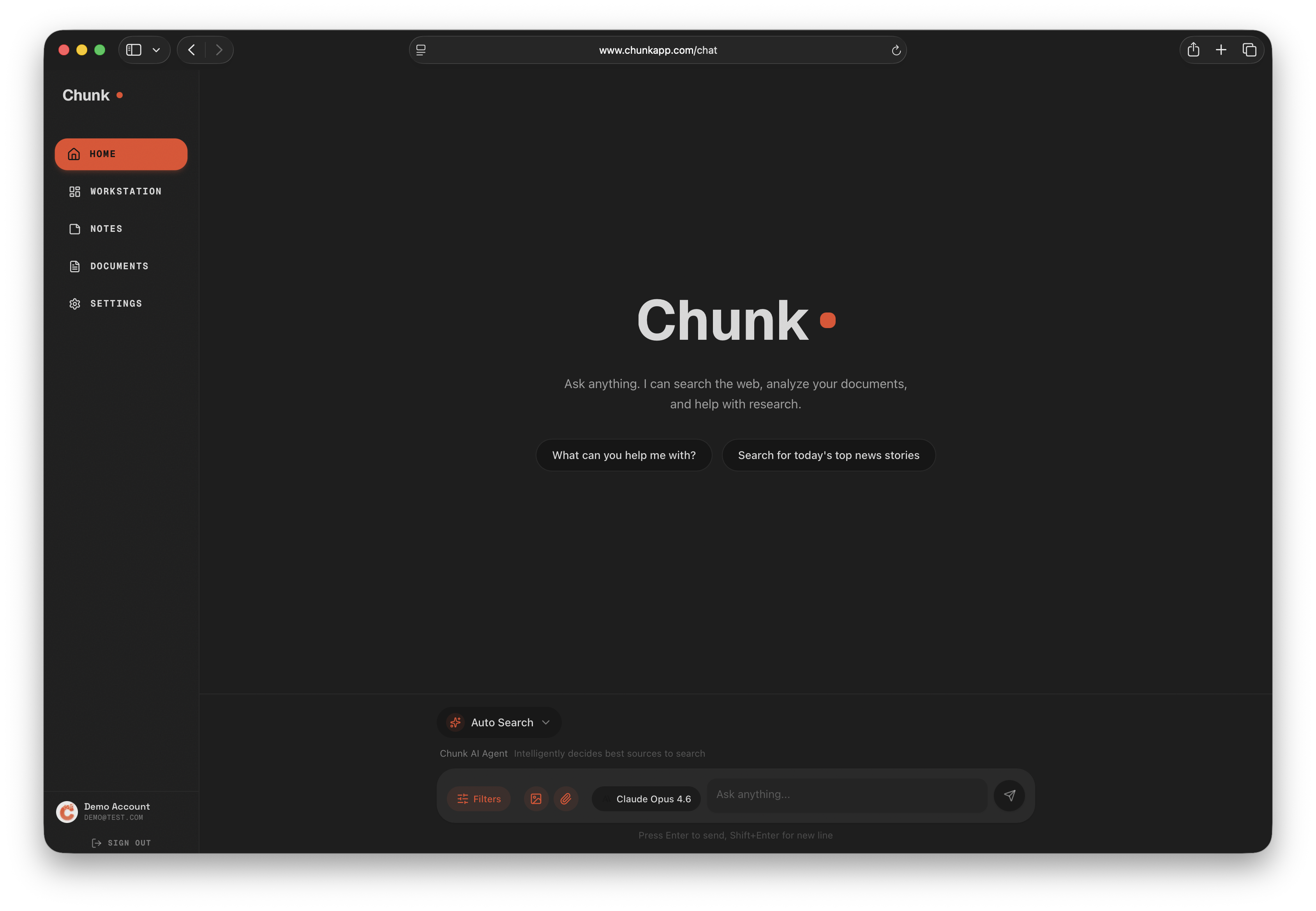 Chunk AI Research Assistant interface showing dark mode