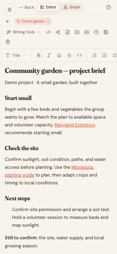 Chunk mobile web Notes editor showing the community garden brief, formatting and note controls, gardening source links, and next steps.